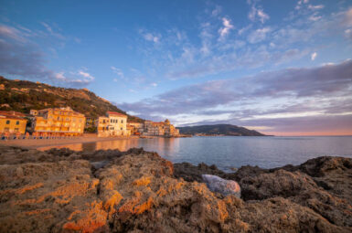 Scenic Beach of Marina Piccola at Sunset in Santa Maria di Castellabate, Cilento Coast, Campania, Italy.